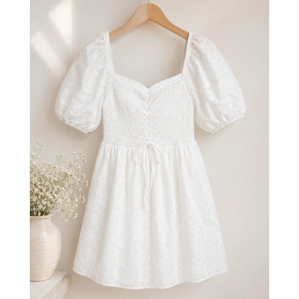 Gibsonlook Dress size L White Eyelet Smocked Mini Dress Puff Sleeve Cottagecore